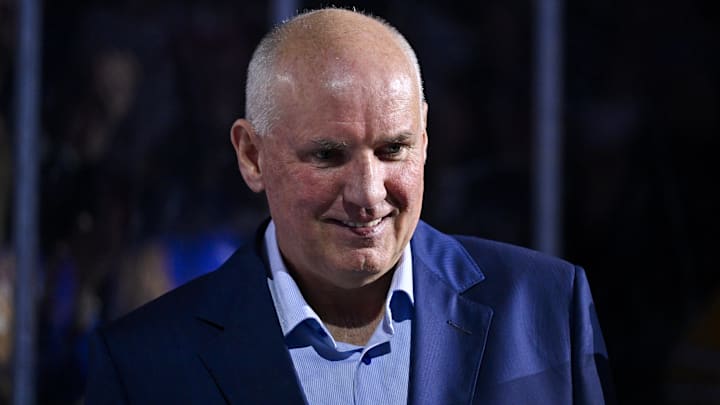 Mar 25, 2024; St. Louis, Missouri, USA;  St. Louis Blues general manager Doug Armstrong looks on before a game against the Vegas Golden Knights at Enterprise Center. Mandatory Credit: Jeff Curry-Imagn Images