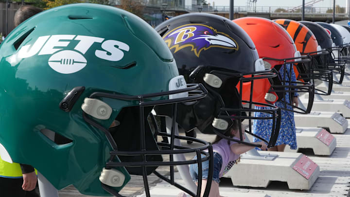 Oct 7, 2023; London, United Kingdom; Large oversized helmets of the New York Jets Baltimore Ravens, Cleveland Browns and Cincinnati Bengals at the NFL Experience London at the Battersea Power Station. Mandatory Credit: Kirby Lee-Imagn Images Oct 7, 2023; London, United Kingdom; Large oversized helmets of the New York Jets Baltimore Ravens, Cleveland Browns and Cincinnati Bengals at the NFL Experience London at the Battersea Power Station. Mandatory Credit: Kirby Lee-Imagn Images