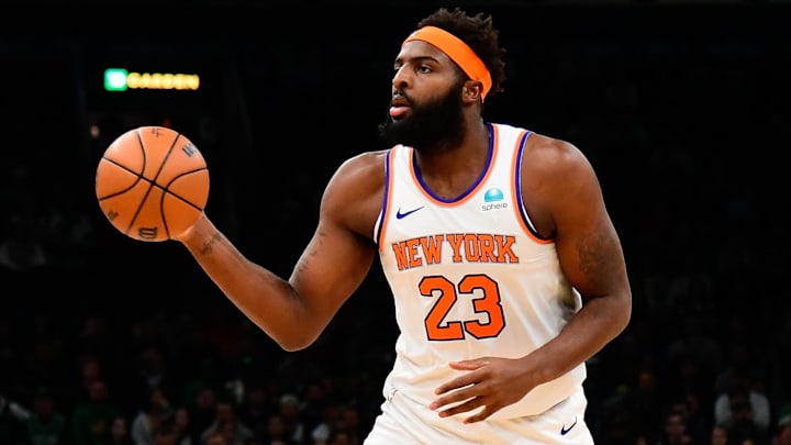 Dec 8, 2023; Boston, Massachusetts, USA;  New York Knicks center Mitchell Robinson (23) passes the ball during the first half against the Boston Celtics at TD Garden. Mandatory Credit: Eric Canha-Imagn Images