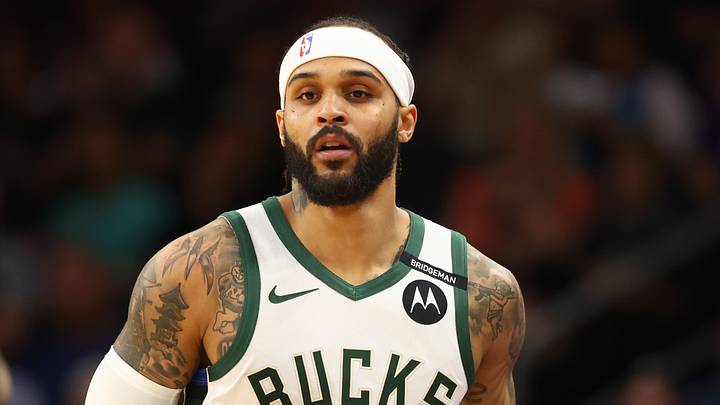 Mar 24, 2025; Phoenix, Arizona, USA; Milwaukee Bucks guard Gary Trent Jr. (5) against the Phoenix Suns at Footprint Center. Mandatory Credit: Mark J. Rebilas-Imagn Images