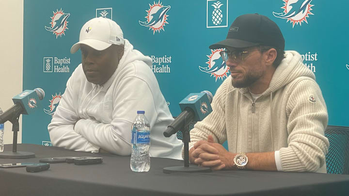 Miami Dolphins GM Chris Grier (left) and Coach Mike McDaniel conduct their annual season-ending press conference. Miami Dolphins GM Chris Grier (left) and Coach Mike McDaniel conduct their annual season-ending press conference.