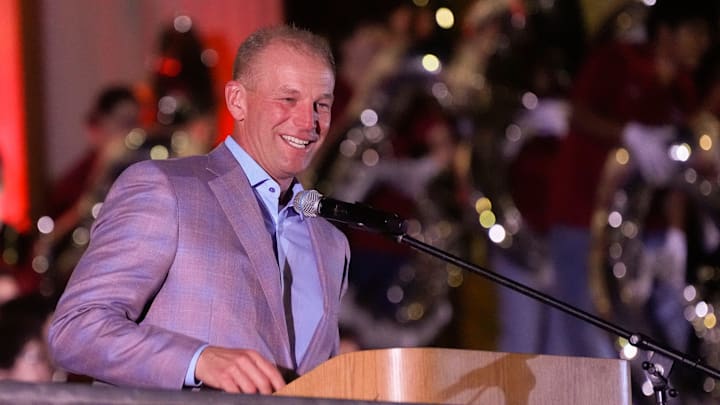 Nov 14, 2025; Tuscaloosa, Alabama, USA; Head coach Kalen DeBoer speaks during the homecoming pep rally in front of the Amelia Gayle Gorgas Library.