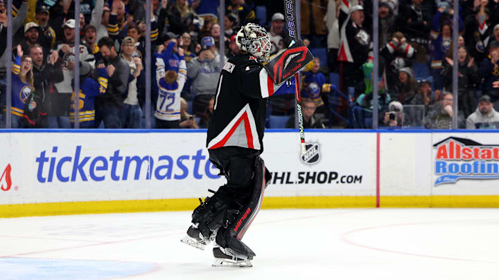 Mar 28, 2026; Buffalo, New York, USA;  Buffalo Sabres goaltender Ukko-Pekka Luukkonen (1) reacts after winning the game in a shootout against the Seattle Kraken at KeyBank Center. Mandatory Credit: Timothy T. Ludwig-Imagn Images