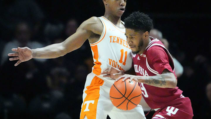 Indiana guard Kanaan Carlyle (9) tries to get to the basket while guarded by Tennessee guard Jordan Gainey (11) during a college basketball exhibition game on Sunday, October 27, 2024, in Knoxville. Tenn. Indiana guard Kanaan Carlyle (9) tries to get to the basket while guarded by Tennessee guard Jordan Gainey (11) during a college basketball exhibition game on Sunday, October 27, 2024, in Knoxville. Tenn.