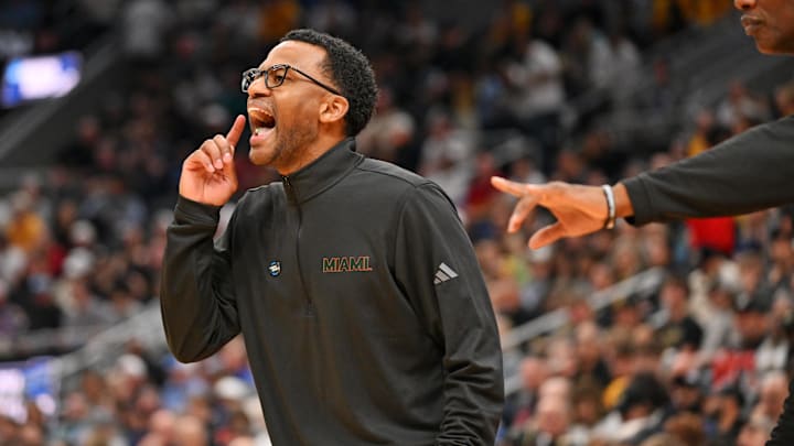 Mar 20, 2026; St. Louis, MO, USA; Miami (FL) Hurricanes head coach Jai Lucas reacts from the sidelines during the first half against the Missouri Tigers during a first round game of the men's 2026 NCAA Tournament at Enterprise Center. Mandatory Credit: Jeff Curry-Imagn Images