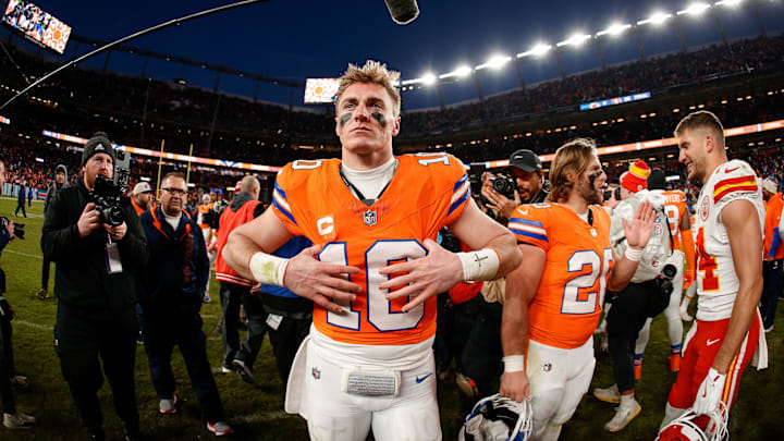 Jan 5, 2025; Denver, Colorado, USA; Denver Broncos quarterback Bo Nix (10) after the game against the Kansas City Chiefs at Empower Field at Mile High.