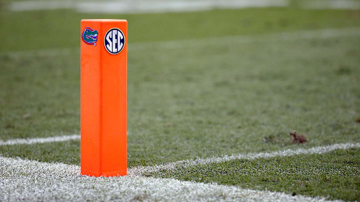 Sep 16, 2017; Gainesville, FL, USA; A detailed view of the end zone pylon with a Florida Gators and