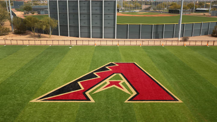 Feb 13, 2019; Scottsdale, AZ, USA; Arizona Diamondbacks logo is seen during the first day of spring training workouts at Salt River Fields. Mandatory Credit: Rob Schumacher/The Republic via USA TODAY NETWORK