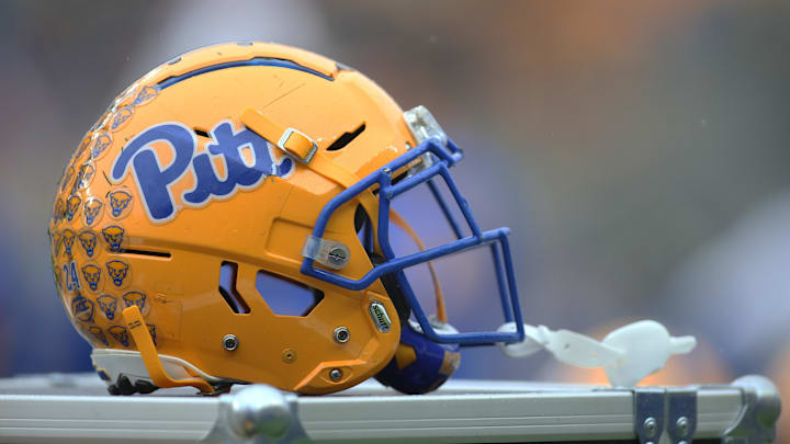 Oct 26, 2019; Pittsburgh, PA, USA;   A Pittsburgh Panthers helmet sits on the sidelines against the Miami Hurricanes during the second quarter at Heinz Field. Miami won 16-12. Mandatory Credit: Charles LeClaire-Imagn Images
