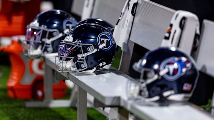 Aug 25, 2024; New Orleans, Louisiana, USA; Detailed view of the Tennessee Titans helmet against the New Orleans Saints during the first half at Caesars Superdome. Mandatory Credit: Stephen Lew-Imagn Images Aug 25, 2024; New Orleans, Louisiana, USA; Detailed view of the Tennessee Titans helmet against the New Orleans Saints during the first half at Caesars Superdome. Mandatory Credit: Stephen Lew-Imagn Images