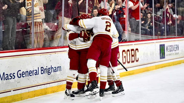 Boston College players huddle after a goal on Feb. 28, 2026.