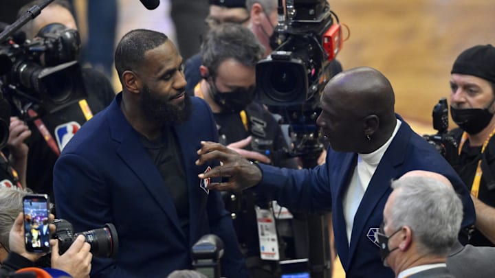 Feb 20, 2022; Cleveland, Ohio, USA; Lebron James and Michael Jordan on court during halftime during the 2022 NBA All-Star Game at Rocket Mortgage FieldHouse. Mandatory Credit: David Richard-Imagn Images Feb 20, 2022; Cleveland, Ohio, USA; Lebron James and Michael Jordan on court during halftime during the 2022 NBA All-Star Game at Rocket Mortgage FieldHouse. Mandatory Credit: David Richard-Imagn Images