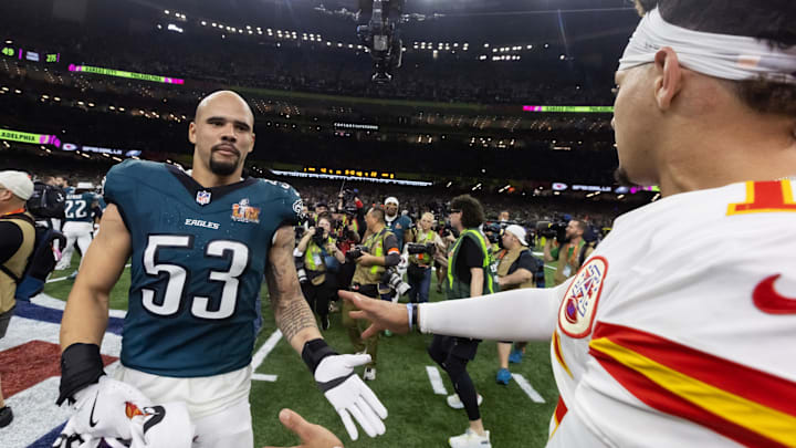 Feb 9, 2025; New Orleans, LA, USA; Philadelphia Eagles  linebacker Zack Baun (53) is congratulated by Kansas City Chiefs quarterback Patrick Mahomes after winning Super Bowl LIX at Ceasars Superdome. Mandatory Credit: Mark J. Rebilas-Imagn Images