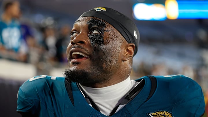 Jacksonville Jaguars defensive end BJ Green II (95) talks to fans after the game of an NFL preseason matchup at EverBank Stadium, Saturday, Aug. 9, 2025 in Jacksonville, Fla. The Steelers defeated the Jaguars 31-25. [Corey Perrine/Florida Times-Union]
