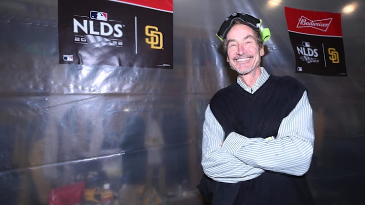 Oct 15, 2022; San Diego, California, USA; San Diego Padres owner Peter Seidler celebrates defeating the Los Angeles Dodgers during game four of the NLDS for the 2022 MLB Playoffs at Petco Park. Mandatory Credit: Orlando Ramirez-Imagn Images
