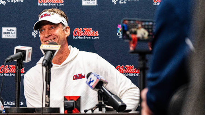 Ole Miss head coach Lane Kiffin answers questions from the press after a college football game between Mississippi State and Ole Miss at Davis Wade Stadium in Starkville, Miss., on Friday, Nov. 28, 2025. Ole Miss defeated Mississippi State 38-19 in the Egg Bowl.