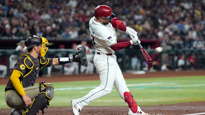 Sep 27, 2024; Phoenix, Arizona, USA; Arizona Diamondbacks first base Christian Walker (53) bats against the San Diego Padres during the sixth inning at Chase Field. Sep 27, 2024; Phoenix, Arizona, USA; Arizona Diamondbacks first base Christian Walker (53) bats against the San Diego Padres during the sixth inning at Chase Field.