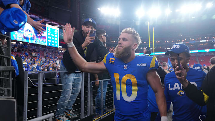 Jan 13, 2025; Glendale, AZ, USA; Los Angeles Rams wide receiver Cooper Kupp (10) reacts after the NFC wild card game against the Minnesota Vikings at State Farm Stadium. Mandatory Credit: Joe Camporeale-Imagn Images