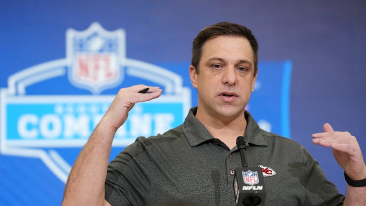 Feb 24, 2026; Indianapolis, IN, USA; Kansas City Chiefs general manager Brett Veach speaks at the NFL Scouting Combine at the Indiana Convention Center. Mandatory Credit: Kirby Lee-Imagn Images