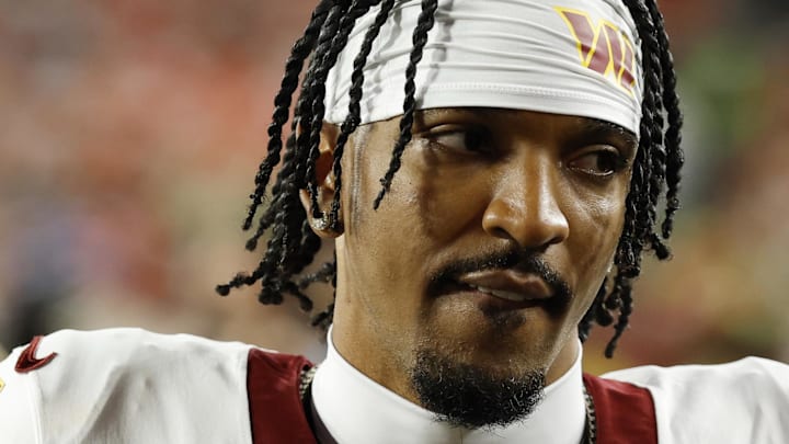 Nov. 2, 2025; Landover, Maryland, USA; Washington Commanders quarterback Jayden Daniels (5) walks off the field after warm-ups prior to the game against the Seattle Seahawks at Northwest Stadium. Nov. 2, 2025; Landover, Maryland, USA; Washington Commanders quarterback Jayden Daniels (5) walks off the field after warm-ups prior to the game against the Seattle Seahawks at Northwest Stadium.
