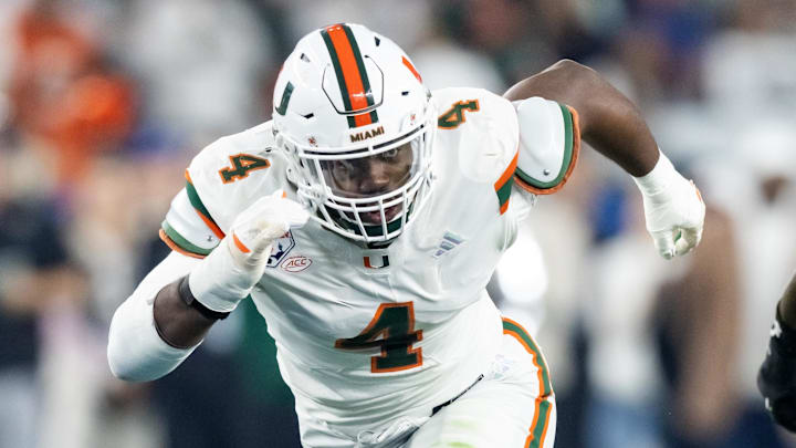 Jan 8, 2026; Glendale, AZ, USA; Miami Hurricanes defensive lineman Rueben Bain Jr. (4) against the Mississippi Rebels during the 2026 Fiesta Bowl and semifinal game of the College Football Playoff at State Farm Stadium. Mandatory Credit: Mark J. Rebilas-Imagn Images Jan 8, 2026; Glendale, AZ, USA; Miami Hurricanes defensive lineman Rueben Bain Jr. (4) against the Mississippi Rebels during the 2026 Fiesta Bowl and semifinal game of the College Football Playoff at State Farm Stadium. Mandatory Credit: Mark J. Rebilas-Imagn Images