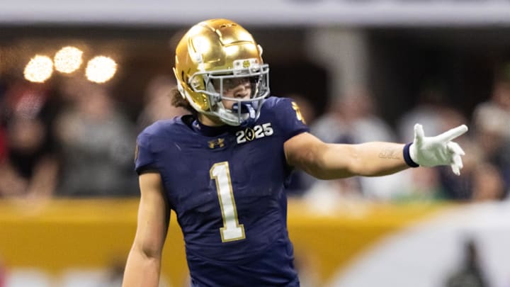 Jan 20, 2025; Atlanta, GA, USA; Notre Dame Fighting Irish wide receiver Jaden Greathouse (1) against the Ohio State Buckeyes during the CFP National Championship college football game at Mercedes-Benz Stadium. Mandatory Credit: Mark J. Rebilas-Imagn Images