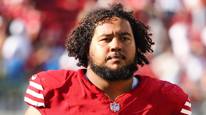 Oct 6, 2024; Santa Clara, California, USA; San Francisco 49ers offensive lineman Aaron Banks (65) after the game against the Arizona Cardinals at Levi's Stadium. Mandatory Credit: Kelley L Cox-Imagn Images