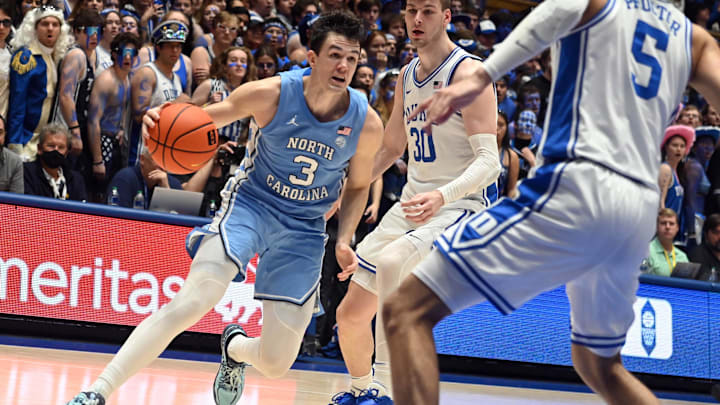 Mar 9, 2024; Durham, North Carolina, USA; North Carolina Tar Heels guard Cormac Ryan (3) drive to