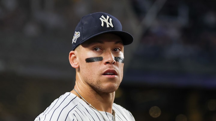 Oct 2, 2025; Bronx, New York, USA; New York Yankees outfielder Aaron Judge (99) stands on the dugout steps prior game three of the Wildcard round for the 2025 MLB playoffs against the Boston Red Sox at Yankee Stadium. Mandatory Credit: Vincent Carchietta-Imagn Images Oct 2, 2025; Bronx, New York, USA; New York Yankees outfielder Aaron Judge (99) stands on the dugout steps prior game three of the Wildcard round for the 2025 MLB playoffs against the Boston Red Sox at Yankee Stadium. Mandatory Credit: Vincent Carchietta-Imagn Images