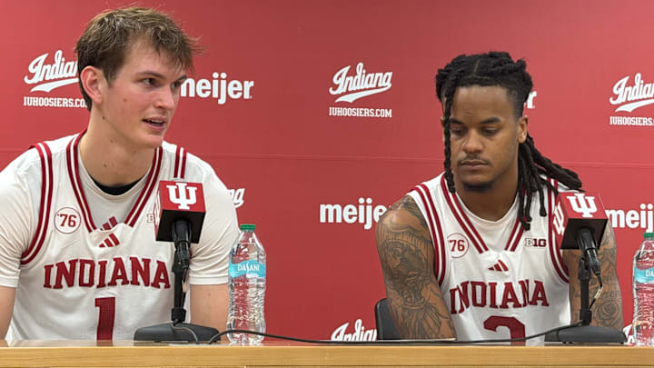 Indiana basketball forward Reed Bailey (left) and guard Lamar Wilkerson (right) speak to media Dec. 9, 2025, at Simon Skjodt Assembly Hall. Indiana basketball forward Reed Bailey (left) and guard Lamar Wilkerson (right) speak to media Dec. 9, 2025, at Simon Skjodt Assembly Hall.