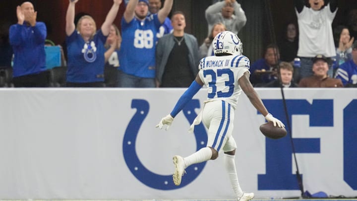 Indianapolis Colts cornerback Samuel Womack III (33) celebrates an interception Sunday, Dec. 22, 2024, during a game against the Tennessee Titans at Lucas Oil Stadium in Indianapolis.