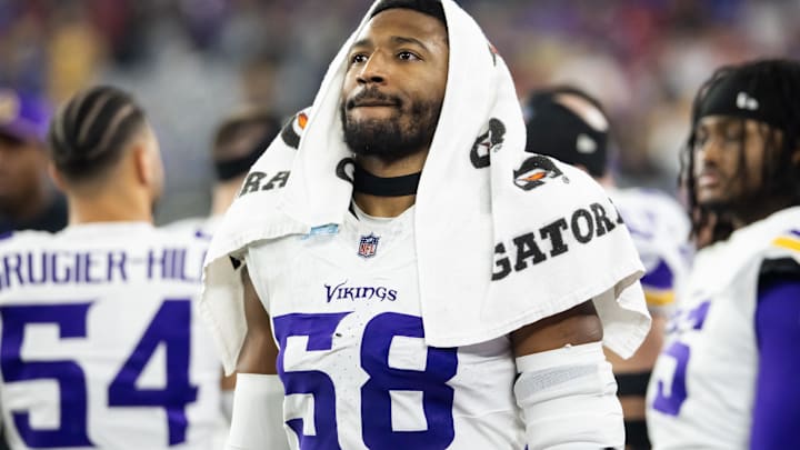 Jan 13, 2025; Glendale, AZ, USA; Minnesota Vikings linebacker Jonathan Greenard (58) against the Los Angeles Rams during an NFC wild card game at State Farm Stadium. Mandatory Credit: Mark J. Rebilas-Imagn Images