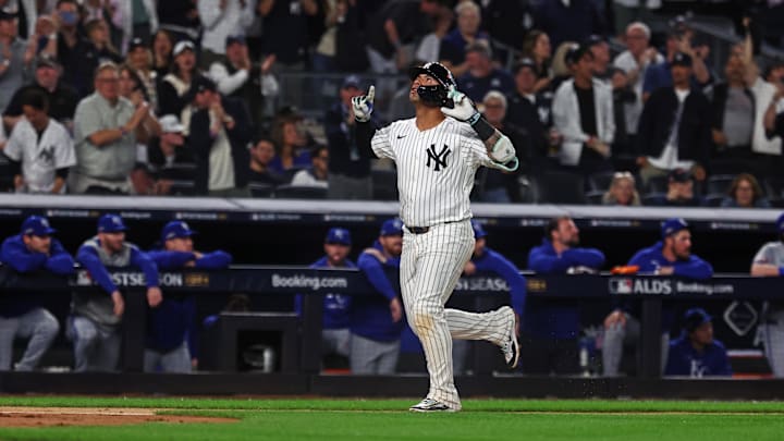 Oct 5, 2024; Bronx, New York, USA; New York Yankees second base Gleyber Torres (25) celebrates after hitting a two run home run during the third inning against the Kansas City Royals during game one of the ALDS for the 2024 MLB Playoffs at Yankee Stadium. Mandatory Credit: Vincent Carchietta-Imagn Images