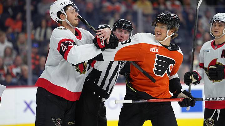 Nov 8, 2025; Philadelphia, Pennsylvania, USA; Ottawa Senators defenseman Tyler Kleven (43) and Philadelphia Flyers right wing Nikita Grebenkin (29) grapple after the whistle in the second period at Xfinity Mobile Arena. Nov 8, 2025; Philadelphia, Pennsylvania, USA; Ottawa Senators defenseman Tyler Kleven (43) and Philadelphia Flyers right wing Nikita Grebenkin (29) grapple after the whistle in the second period at Xfinity Mobile Arena.