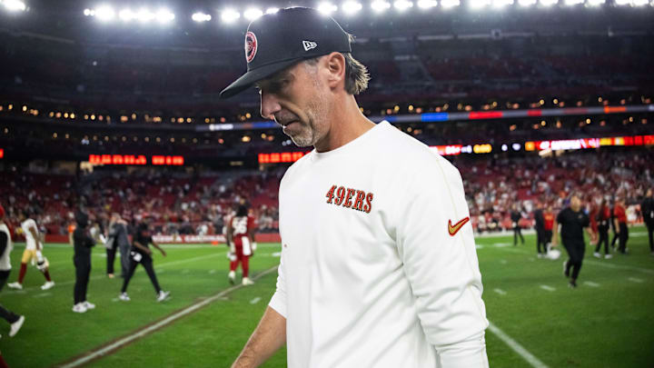 Jan 5, 2025; Glendale, Arizona, USA; San Francisco 49ers head coach Kyle Shanahan reacts after losing to the Arizona Cardinals at State Farm Stadium. Mandatory Credit: Mark J. Rebilas-Imagn Images