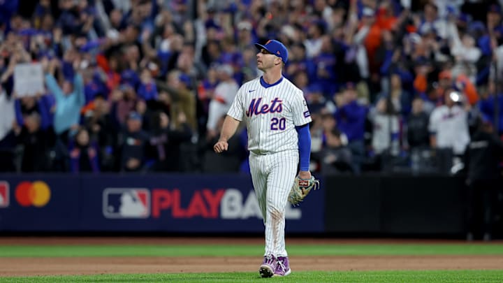 Oct 18, 2024; New York City, New York, USA; New York Mets first baseman Pete Alonso (20) reacts after the Mets defeated the Los Angeles Dodgers in game five of the NLCS during the 2024 MLB playoffs at Citi Field. Mandatory Credit: Brad Penner-Imagn Images