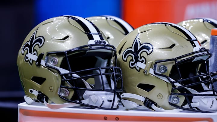 Aug 23, 2021; New Orleans, Louisiana, USA;  New Orleans Saints helmets during the game between the New Orleans Saints and the Jacksonville Jaguars during the first half at Caesars Superdome. Mandatory Credit: Stephen Lew-Imagn Images