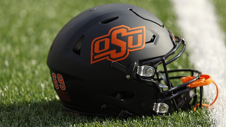 Sep 16, 2023; Stillwater, Oklahoma, USA; An Oklahoma State helmet is seen before an NCAA football game between Oklahoma State and South Alabama at Boone Pickens Stadium. Mandatory Credit: Bryan Terry-Imagn Images