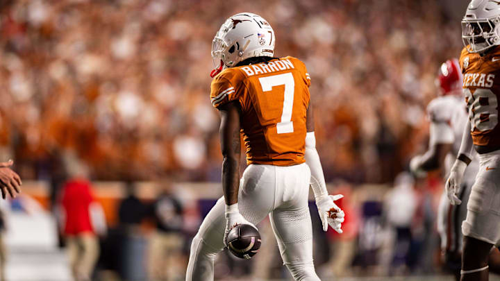 Oct 19, 2024; Austin, Texas, USA; Texas Longhorns cornerback Jahdae Barron (7) celebrates an interception in the first quarter against the Georgia Bulldogs at Darrell K Royal-Texas Memorial Stadium.