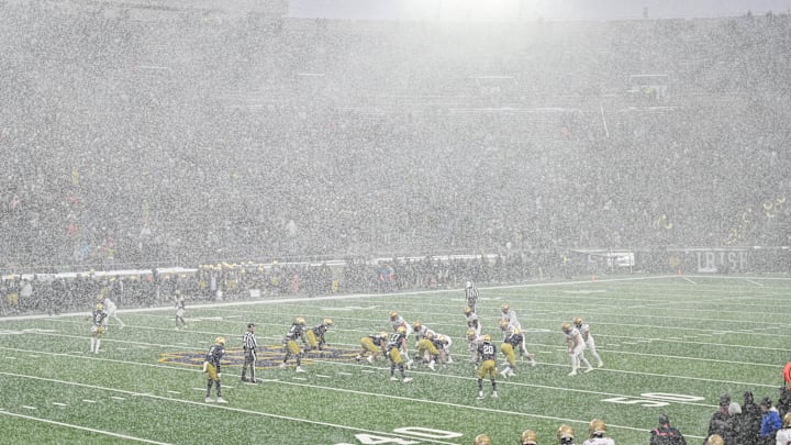 Heavy snow falls in the third quarter of the game between the Notre Dame Fighting Irish and the Boston College Eagles at Notre Dame Stadium on Nov. 19, 2022.