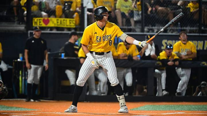 Southern Miss Golden Eagles infielder Nick Monistere (8) bats against the Miami Hurricanes during the final game of the 2025 NCAA Hattiesburg Regional at Pete Taylor Park in Hattiesburg, Mississippi, on June 2, 2025. Southern Miss Golden Eagles infielder Nick Monistere (8) bats against the Miami Hurricanes during the final game of the 2025 NCAA Hattiesburg Regional at Pete Taylor Park in Hattiesburg, Mississippi, on June 2, 2025.