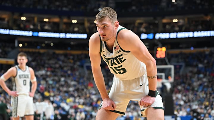 Mar 21, 2026; Buffalo, NY, USA; Michigan State Spartans center Carson Cooper (15) looks on during the first half against the Louisville Cardinals during a second round game of the men's 2026 NCAA Tournament at Keybank Center. Mandatory Credit: Mark Konezny-Imagn Images