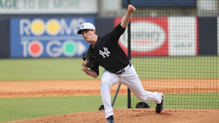 Feb 20, 2025; Tampa, FL, USA; New York Yankees pitcher Max Fried (54) throws the ball during work outs at George M. Steinbrenner Field. Feb 20, 2025; Tampa, FL, USA; New York Yankees pitcher Max Fried (54) throws the ball during work outs at George M. Steinbrenner Field.