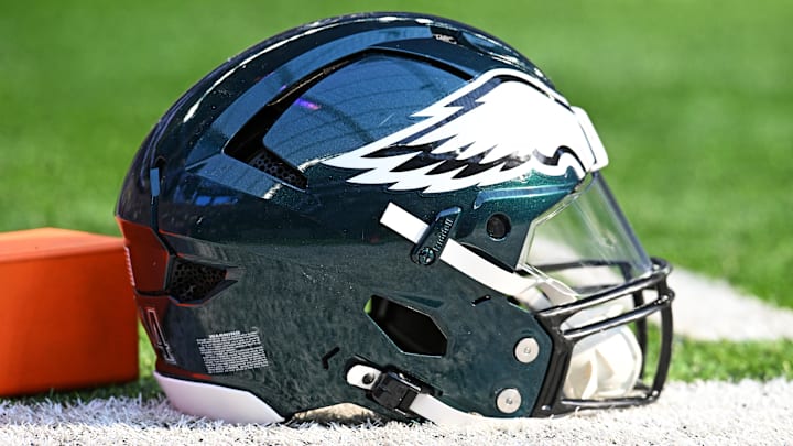 Oct 19, 2025; Minneapolis, Minnesota, USA; A general view of the Philadelphia Eagles helmet before the game against the Minnesota Vikings at U.S. Bank Stadium. Mandatory Credit: Jeffrey Becker-Imagn Images