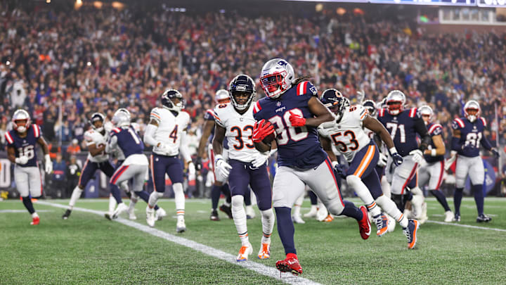 Patriots running back Rhamondre Stevenson scores a touchdown during the 2022 game against the Bears. Patriots running back Rhamondre Stevenson scores a touchdown during the 2022 game against the Bears.