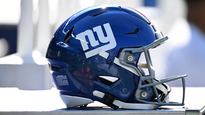 Oct 26, 2025; Philadelphia, Pennsylvania, USA; New York Giants helmet on the sidelines against the Philadelphia Eagles at Lincoln Financial Field. Mandatory Credit: Eric Hartline-Imagn Images