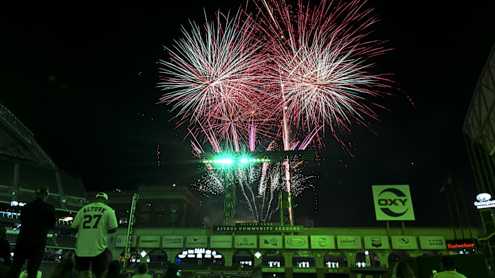 Daikin Park, home of the Houston Astros, hosts a fireworks show.