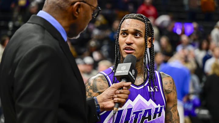 Mar 4, 2024; Salt Lake City, Utah, USA; Utah Jazz guard Jordan Clarkson (00) is interviewed by Thurl Mar 4, 2024; Salt Lake City, Utah, USA; Utah Jazz guard Jordan Clarkson (00) is interviewed by Thurl