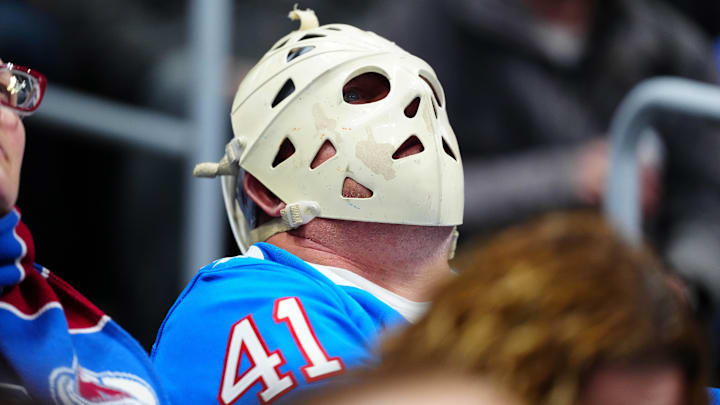 Jan 12, 2026; Denver, Colorado, USA; Colorado Avalanche fan during the first period gainst the Toronto Maple Leafs at Ball Arena. Mandatory Credit: Ron Chenoy-Imagn Images
