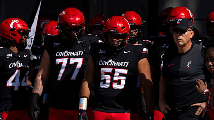 Cincinnati Bearcats head coach Scott Satterfieldprepares to take the field before the NCAA football game between the Cincinnati Bearcats and Iowa State Cyclones at Nippert Stadium in Cincinnati on Oct. 4, 2025.
